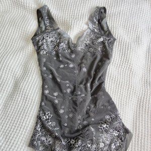 Femina Bodysuit Gray Silver Floral Design S